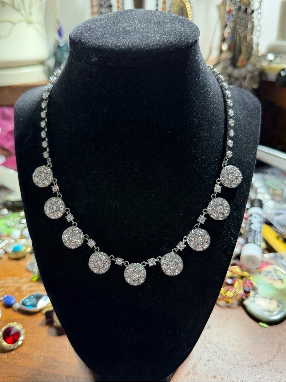 Vintage Silver Tone Akkad Crystal Disc Statement Necklace 16”